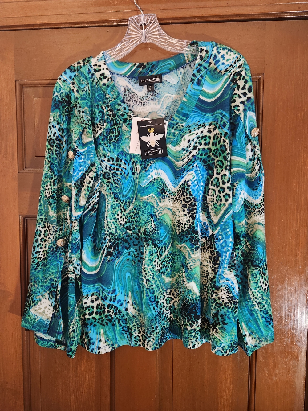 Antthony Originals Blue Green Animal Print Embellished Top M NWT